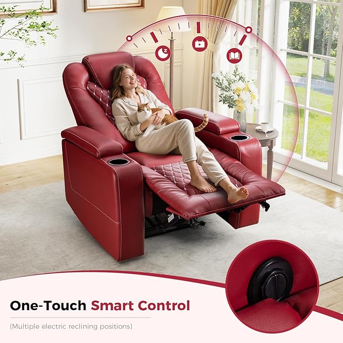ANJ Power Recliner Chair Set of 3, Electric Soft Leather Reclining Home Theater Seating - USB Ports, Cup Holders, Hidden Arm Storage Movie & Media Room Chairs (Red)