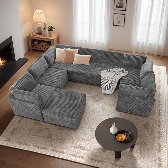 CAODOC Large 8 Seat Modular Sectional Sofa with Ottoman Seat Corduroy Sleeper Sectional Sofa Bed Oversized Convertible Modular Couch for Living Room