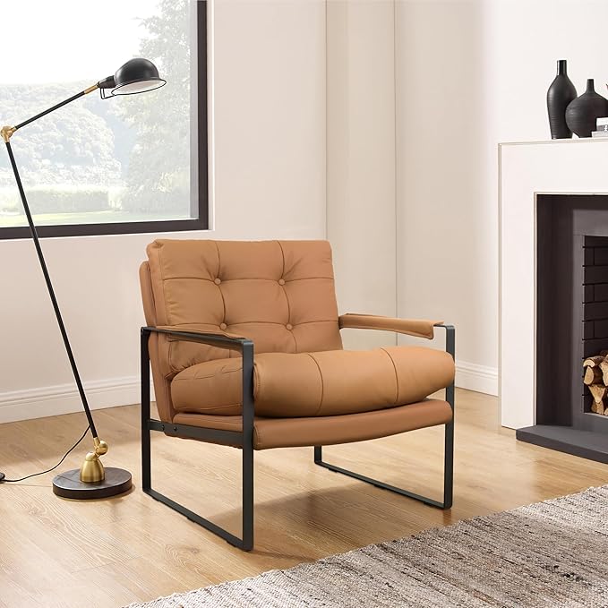 Zouron Leather Accent Chairs Set of 2, Modern Reading Chairs Single Sofa Arm Chair for Living Room Bedroom Reception Room, Khaki Button Tufted