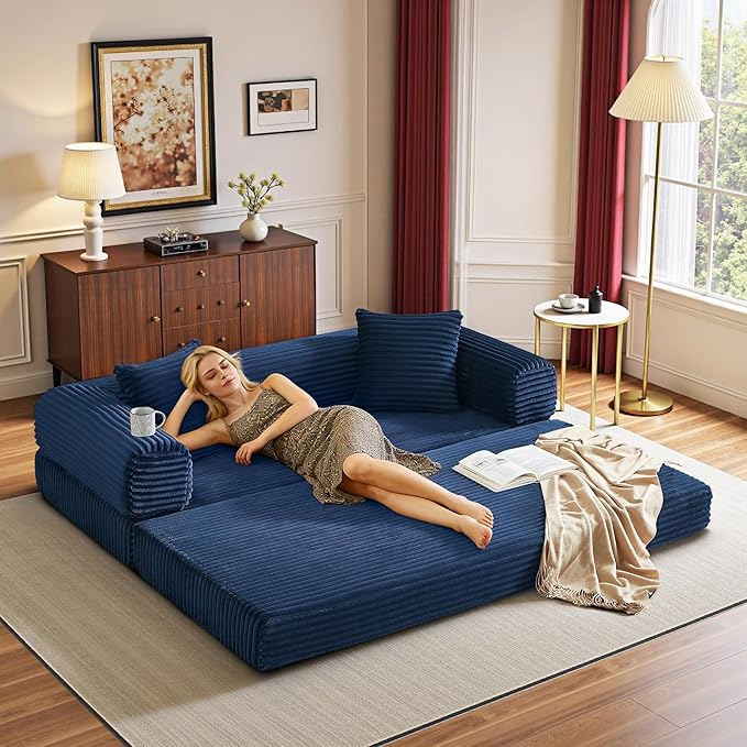 Chorlenimi Boneless Couch Futon Sofa Bed Sectional Couches for Living Room,Cloud Couch with Sleeper Sofa,Sofas for Living Room Oversized Corduroy Upholstered (Blue, 76 Inches (No Iron Frame))
