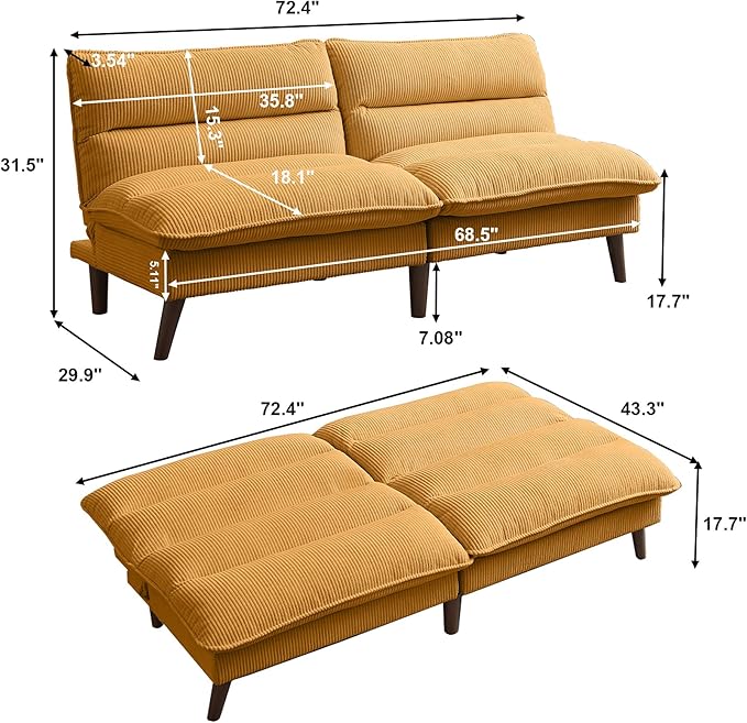 Futon Sofa Bed, 72" Small Couches for Small Spaces, Folding Love Seat Couch with Adjustable Back, Convertible Upholstered Sleeper Sofas for Living Room, Office, Apartment