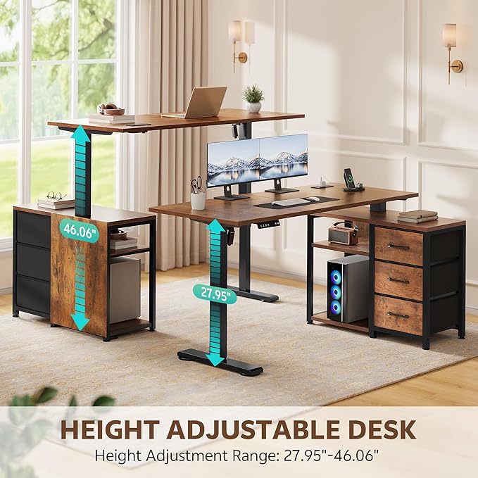 47 Inch L Shaped Standing Desk with 3 Drawers Electric Standing Desk with Storage Computer Desk Adjustable Height with Power Outlets 4 Memory Presets for Home Office, Rustic Brown