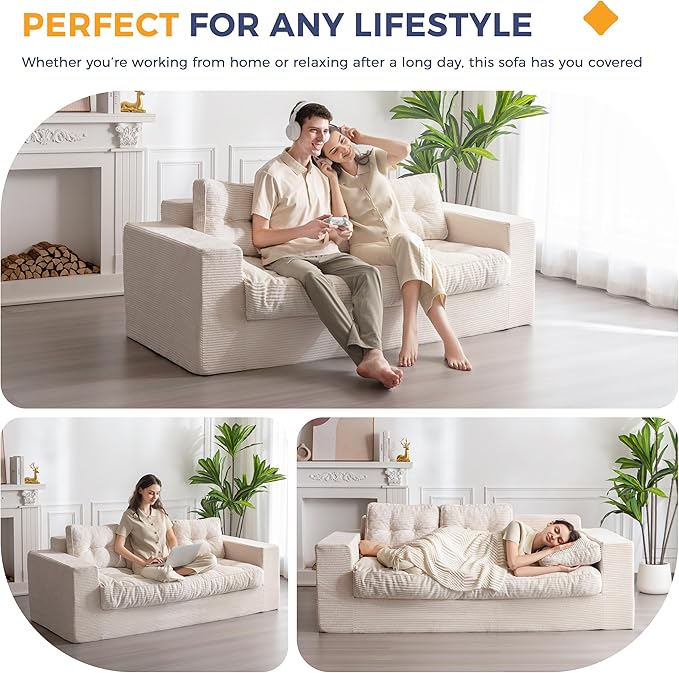 MAXYOYO 3 Seater Couch for Living Room, Boneless Couch with Tufted Cushion & Backrest, Upholstered Floor Sofa for Adults, No Assembly Required, Beige