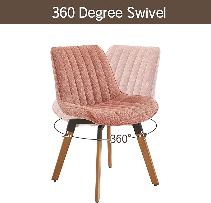 Art Leon Swivel Dining Chairs Set of 2, Mid Century Modern Kitchen Dining Room Chairs, Upholstered Fabric Armless Side Chair with Wood Legs for Living Room Bedroom, Rose