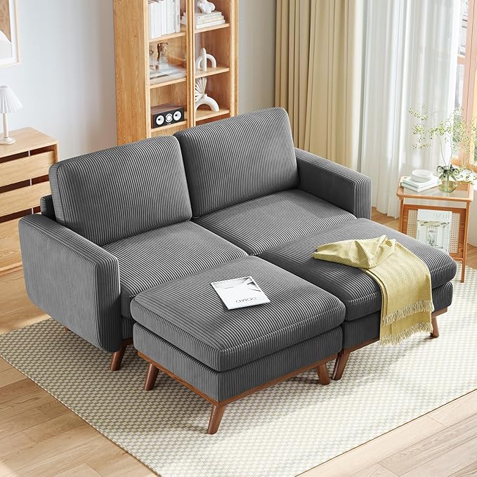 Vesgantti 68" Loveseat Sofa with Movable Ottoman, Comfy Corduroy Couch with Spring Cushion, Sofa Couch with Solid Wood, Modern Office Sofa with Deep Seat for Living Room and Bedroom, Dark Gray