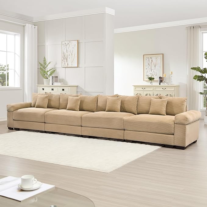 KEIKI 168" Oversized Corduroy Modular Cloud Sectional Sofa with High-Density Foam Cushions, Extra-Thick Armrest, Upholstered Modern 4-Seater Fluffy Corner Couch with 12 Pillow, for Living Room, Camel