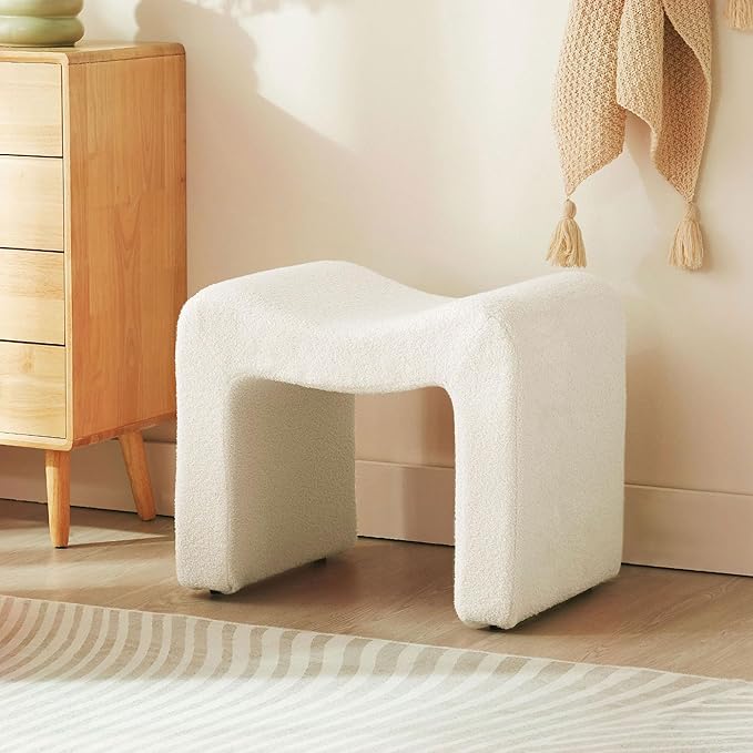 Small Footstool Ottoman Vanity Stool Chair Seating Backless Modern Foot Rest Teddy Velvet Ottoman for Makeup Room Living Room Bedroom Entryway,White (Single 1)