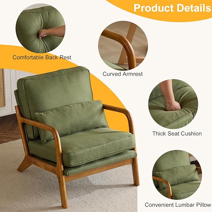 Bonnlo Dark Green Linen Accent Chairs Set of 2,Upholstered Mid Century Modern Lounge Fabric Chairs Reading Chairs Side Sitting Chair Solid Wood Farmhouse Armchairs for Living Room, Bedroom, Guest Room