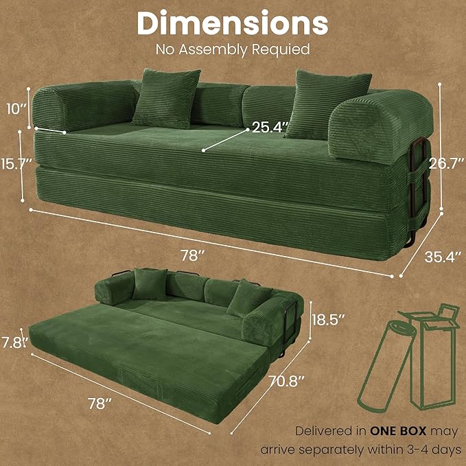 79" Convertible Sofa Bed, Boneless Corduroy Sleeper Foldable Modular Couch, Memory Foam Compressed Sofa in A Box, Folding Mattress Floor Couch for Small Space Living Room Apartment Bedroom, Green
