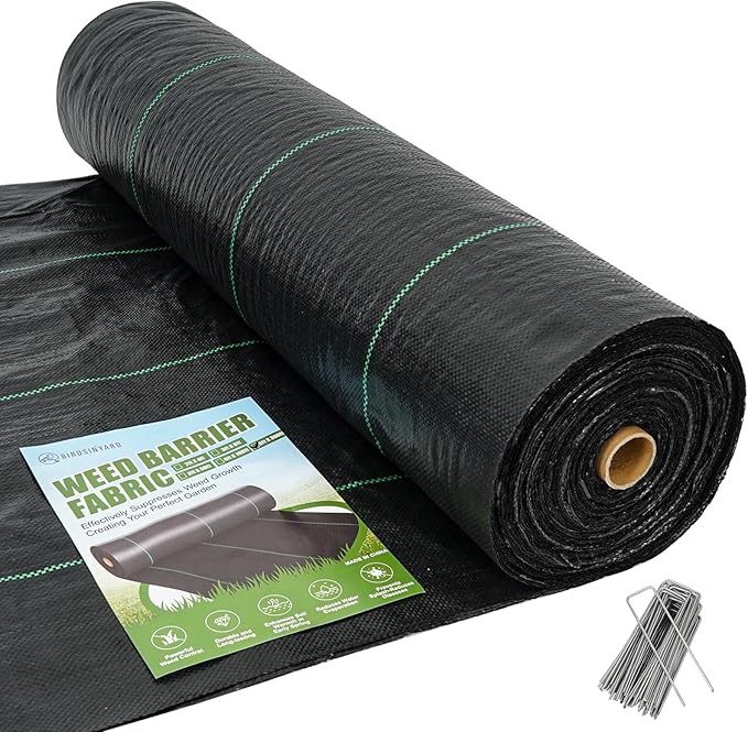BIRDSINYARD 6ftx300ft Weed Barrier Landscape Fabric - 3.2oz Premium Heavy Duty Weed Block Ground Cover Mat with 90 U-Shaped Securing Pegs | Woven Geotextile Fabric for Weed Control Garden Cloth