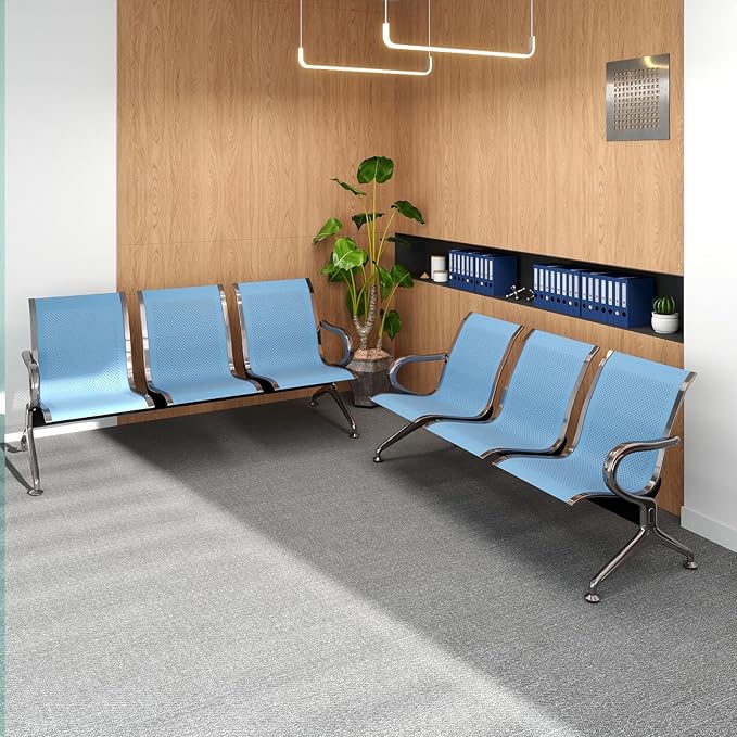 Kinfant 3-Seat Waiting Room Chair - Office Guest Reception Chairs with Ergonomic Backrests, Airport Waiting Bench with Armrests, Metal Waiting Furniture for Hospital, Bank, Salon, (Blue, Set of 2)