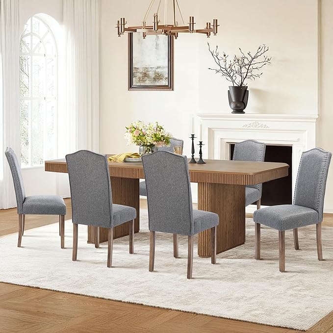 Upholstered Dining Chair Stylish Parsons Kitchen High Back with Silver Nailhead Trim & Wood Legs, 2-Pack, Fabric Classic Grey