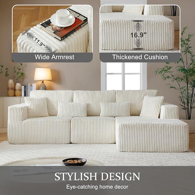 HYJT-H&K Modular Sectional Sofa Cloud Sectional Couch, 107" Comfy Fluffy L Shaped White Couches for Living Room, Deep Seat Memory Foam Plush Corduroy Boneless Couch Sectionals Right Facing Chaise Sofa