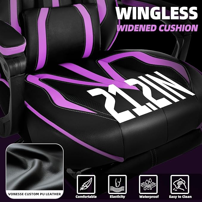 Vonesse Purple Gaming Chair with Footrest, Reclining Computer Gaming Chairs for Adults, Ergonomic Gamer Chair with Massage, Big and Tall PC Game Chair(Purple/Black)