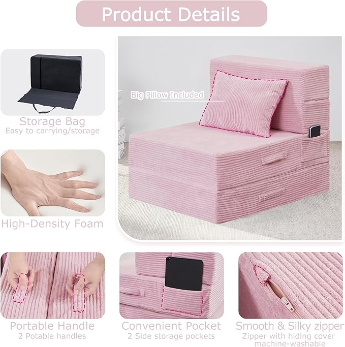 HILERO Folding Sofa Bed, 4 in 1 Convertible Sleeper Chair with Pillow, Single Memory Foam Fold Out Chair Bed, Modern Floor Futon Sofa Couch Mattress for Living Room/Guest/Apartment, Pink