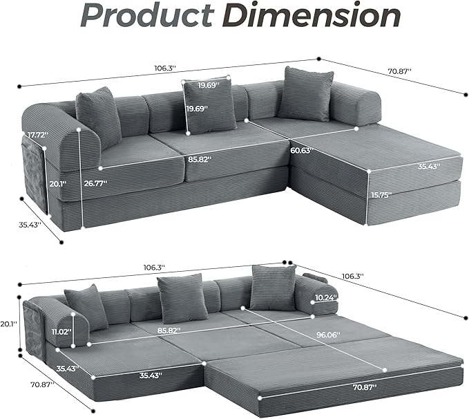 106.3" Oversized Convertible Sleeper Sofa Bed, L Shape Modular Sectional Cloud Sofa with Fixed-Shape Frame, Boneless Couch with Storage Pocket for Living Room, No Assembly Required, Dark Gray