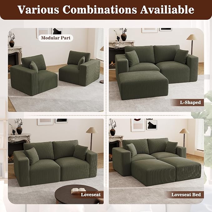 79" Modular Sectional Sofa, Cloud Couch Loveseat Memory Foam Boneless Couch with Chaise, Cozy Upholstered Corduroy Floor Couch, No Assembly Required Living Room Furniture for House Home, Green