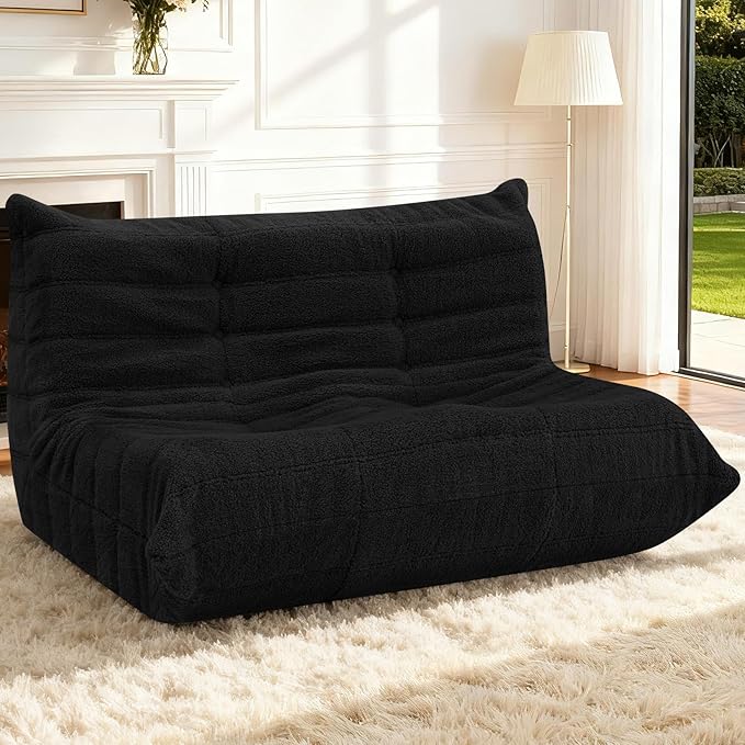 HABUTWAY Bean Bag Chairs Fireside Lazy Floor Sofa, Soft Teddy Fleece 2 Seater Sofa with High-Resilience Foam Filling，Beanbag for Living Room, Bedroom, Office (Black Teddy)