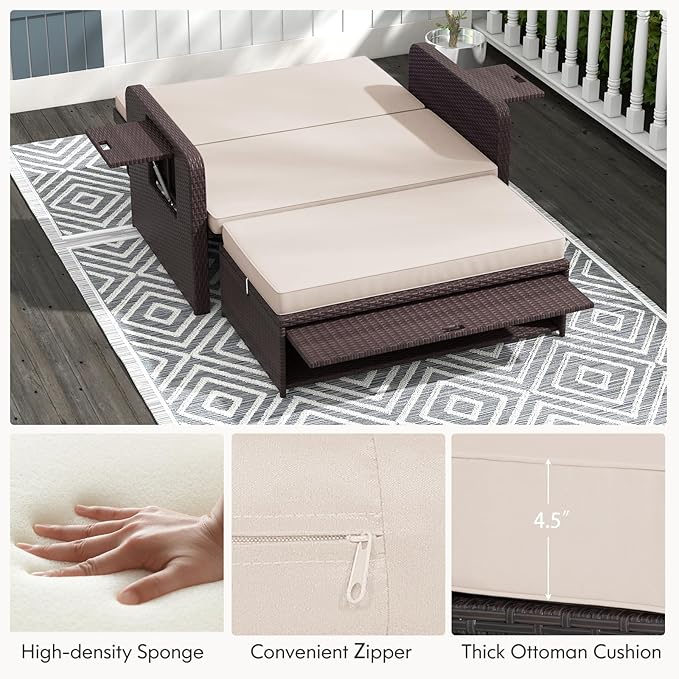 RELAX4LIFE Wicker Patio Outdoor Daybed - Rattan Day Bed Lounger with Loveseat & Storage Ottoman, Sunbed Sofa Set w/Cushions, 4-Level Adjustable Backrest & 2 Retractable Trays, Patio Daybed (Beige)