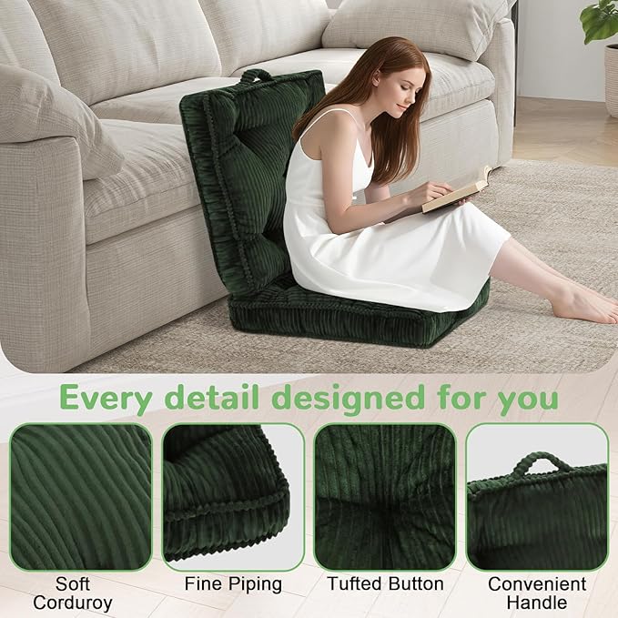 PRIMEPATIO Square Floor Pillow for Adults, Tufted Floor Cushion for Sitting, Large Meditation Cushion, Thick Corduroy Seat with Handle, Tatami Seating for Yoga, 22x22 Inch Green, 1Pack