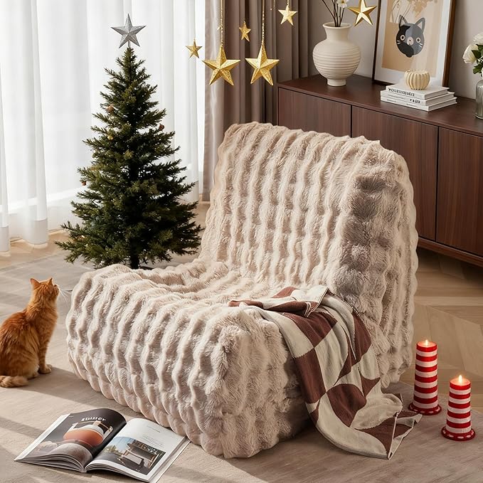 Beige Bean Bag Chairs for Adults,Comfy Small Bean Bag Sofa with Back Support,Memory Foam Bean Bag Chair for Kids,Faux Fur Fireside Beanbags Lazy Sofa for Bedroom,Dorm,Apartment,Living Room