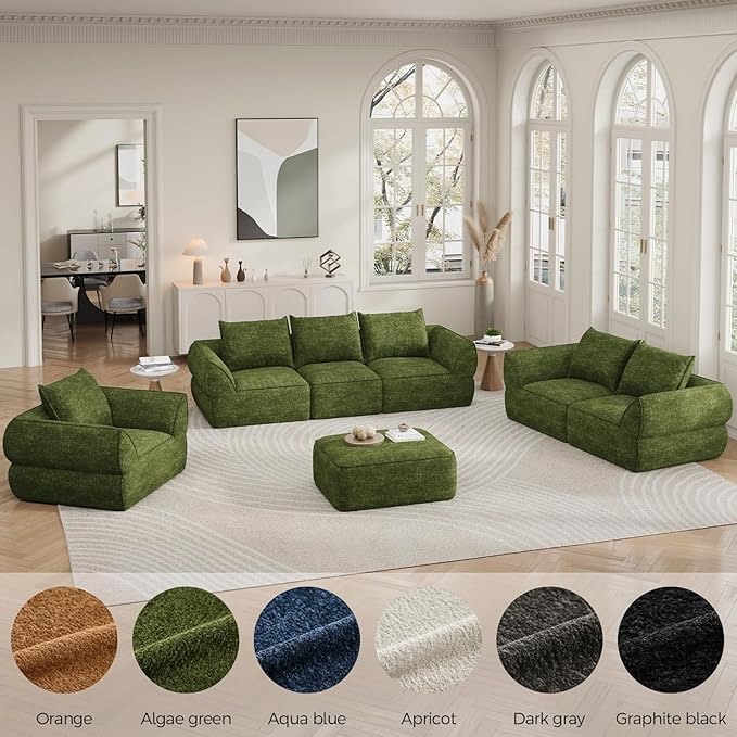 42.5" Single Cloud Sofa, Boneless Couch for Small Spaces, Modern Comfortable Upholstery Sofas with Pillows for Living Room, Apartment, Dorm, Office, Removable Cover, No Assembly Required, Algae Green