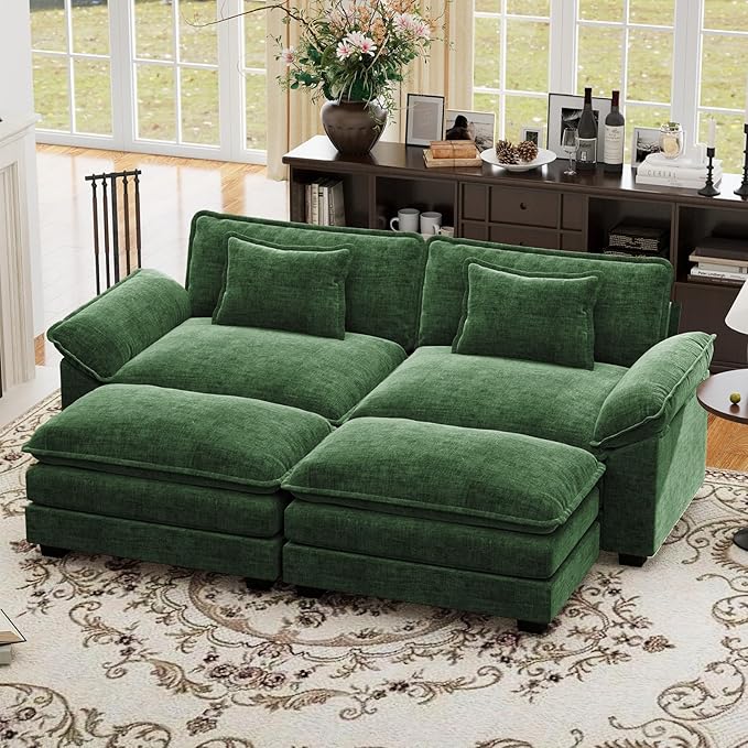 CDCASA 86" Modular Sectional Sofa, Comfy Cloud Couch with 2 Movable Ottoman, 4-Seater Chenille Deep Seat Sofa Bed Modern Sofa Couch for Living Room, DIY Combination, Green