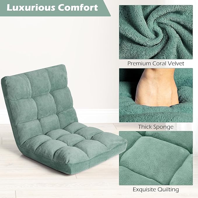 KOMFOTT 14-Position Adjustable Floor Chair with Back Support, Folding Padded Gaming Sofa for Reading, Meditation, Living Room Lazy Lounge, Video Gaming, Green