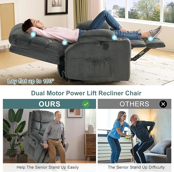 CDCASA Oversized Dual Motor Lay Flat Power Lift Recliner Chair with Massage, Heating, Textile Infinite Position Large Recliner Chairs for Big & Elderly People, Lumbar Pillow, USB & Type-C Ports, Grey