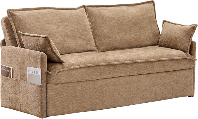 GRAINLLE Pull Out Couch,Loveseat Convertible Sleeper Sofa Bed with USB,Pull Out Sofa Bed Side Storage,2 Pillows,Corduroy Sleeper Couch for Living Room,Bedroom,Apartment,Pet-Friendly (Khaki, 59.5'')