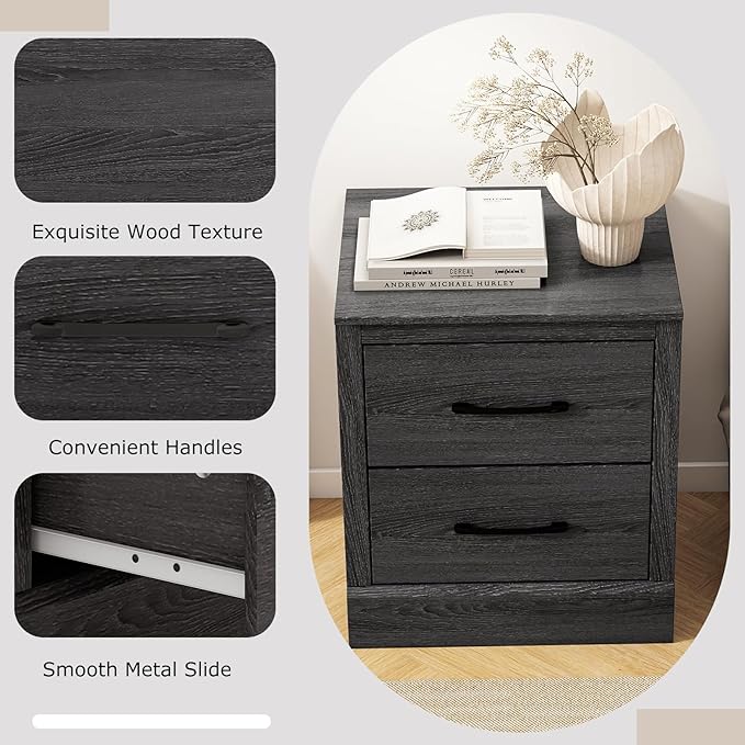 SIMOE Grey Oak Farmhouse Nightstand Set of 2, Wooden Bedside Table with 2 Storage Drawers, Compact Floor-Standing Night Stand, Accent Sofa Side Table for Bedrooms