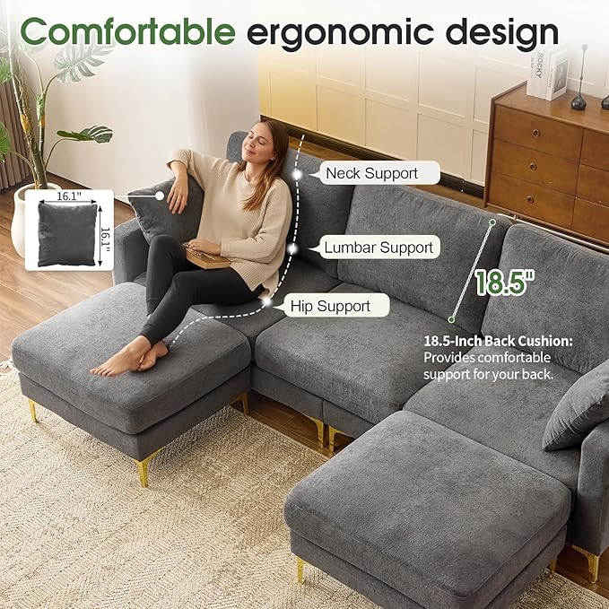 VINGLI 100" W U Shaped Couch with Ottoman, 22" Deep Seat Comfortable Sectional Couches for Living Room, 3 Seater Chenille Fabric Cloud Sofa for Apartment, Small Spaces, Bedroom, Grey