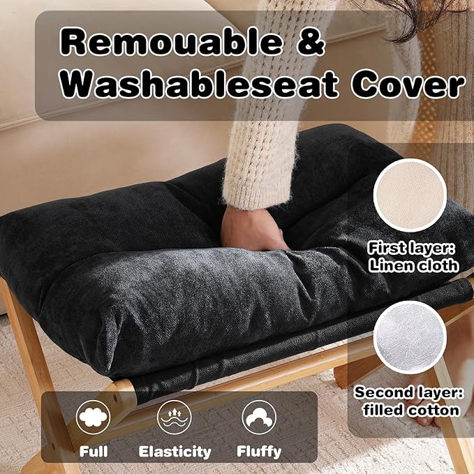 Ottoman Foot Rest- Bamboo Foldable Stool, Foot Stools Small Ottman with Upholstered & X Legs, Folding Stool for Makeup, Bedroom and Living Room (Black)