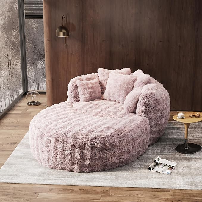 Oversized Chaise Lounge Chair Indoor with Ottoman 55" W x 75" L Round Reading Chair Plush Faux Fur Corduroy Cloud Circle Boneless Chair with 5 Pillows for Living Room - Pink