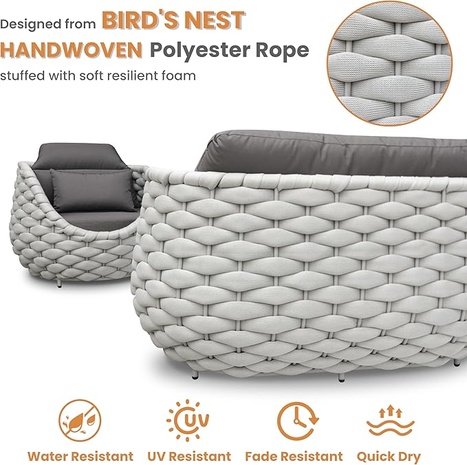 Erotr Lanai Outdoor Furniture Set: 6-Piece Aluminum Woven Rope Patio Conversation Sofa Set w/Table - Modern Cushions Couch Set - No Assembly Metal Porch Seating for Deck Yard Garden Pool Hotel Resort