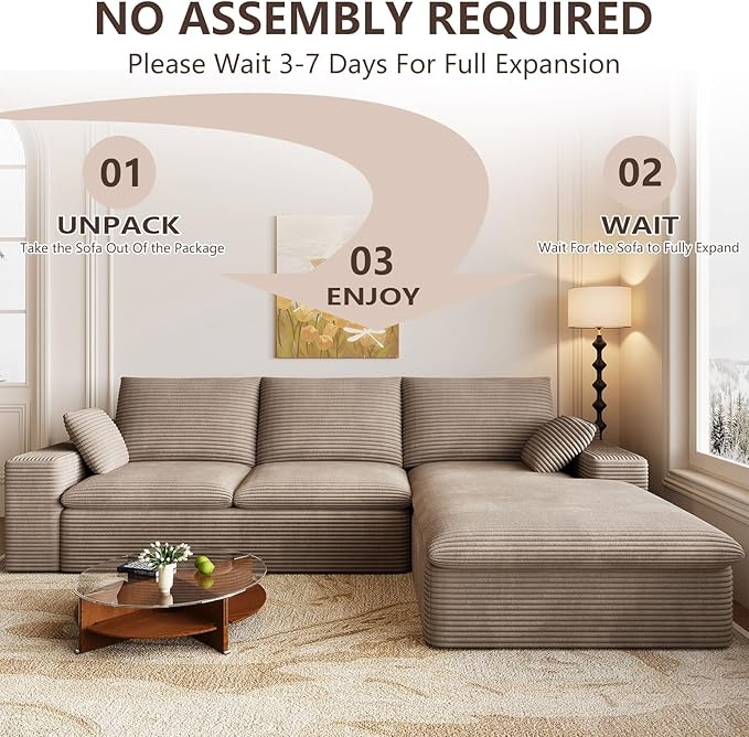 107 Inch Modular Sectional Sofa with Deep Seat, Corduroy Cloud Sectional Couch, Modern Boneless Couches with L-Shape Chaise for Living Room Bedroom, No Assembly Required (Camel, Right Facing Chaise)