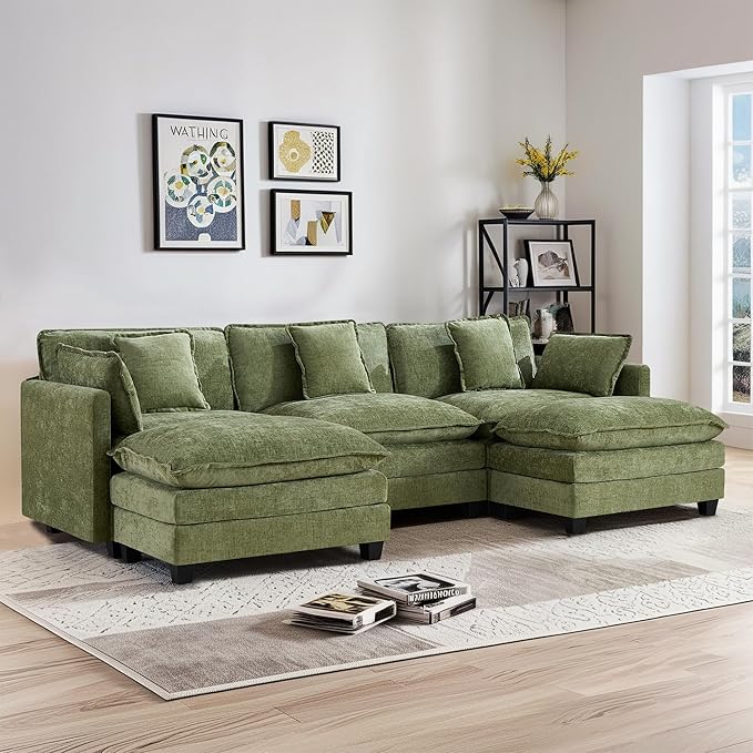 UMBFUN 3-Seater Cloud Couch with 2 Ottomans, Oversized Modular Sectional U Shaped Sofa with Deep Seat Cushions, Comfy Chenille Couch for Living Room, Green