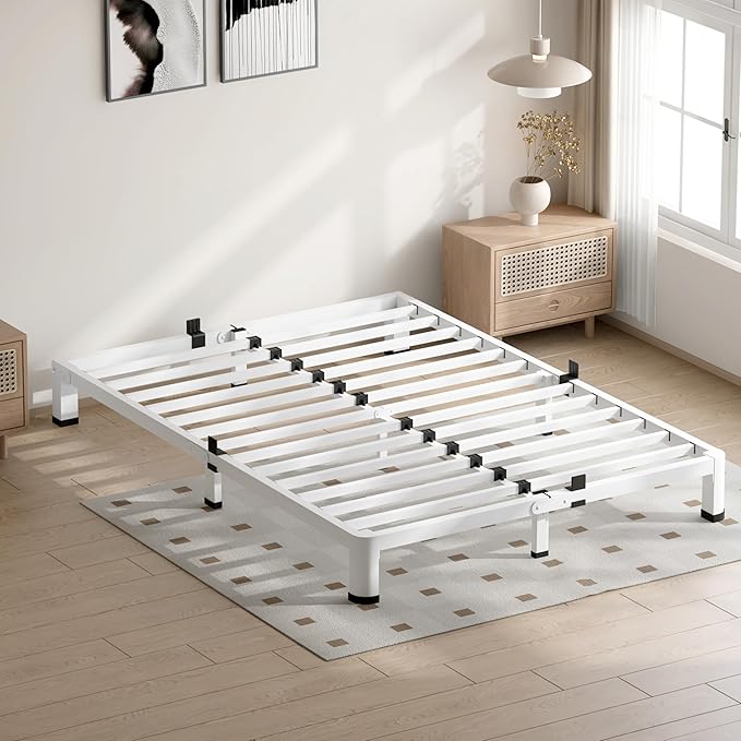 VIPSHOW 4 Inch White King Size Bed Frame, 3500Lbs Heavy Duty Metal Platform with Round Corner Legs Mattress Slide Stopper, Steel Slat Support No Box Spring Needed, Noise Free, Non-Slip, Easy Assembly