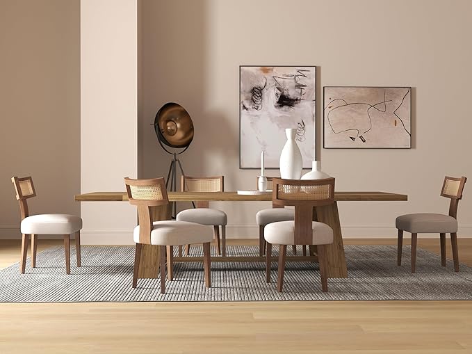 RIVOVA Rattan Dining Chairs Set of 6, Modern Dining Chair Kitchen Dining Room Chairs, Curved Cane Back Upholstered Linen Fabric Dining Chair with Wood Frame, Beige