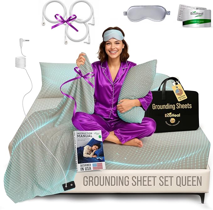 ECOHEAL Grounding Sheet Set - Queen Size, Beige Fitted & Flat Sheets with Pillowcases - 12% Silver Fiber, 4% Silk, 84% Cotton - SGS Quality Certified Conductive Bed Grounding Kit for Better Sleep