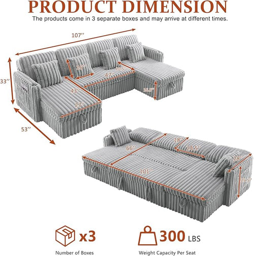 107" Sectional Sleeper Sofa with Pull Out Bed, Comfy Fluffy Plush Corduroy Cloud Sectional Couches for Living Room, U Shaped Modular Couch with Storage Chaise, Cup Holder & USB Charger, Grey