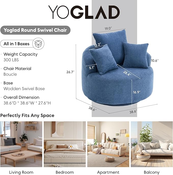 Yoglad 38.58'' Swivel Round Chair, Comfy Boucle 360° Accent Chair with Thick Cushion, Oversized Modern Single Sofa with 3 Pillows, Soft Armchair for Nursery, Living Room, Bedroom, Office (Blue)