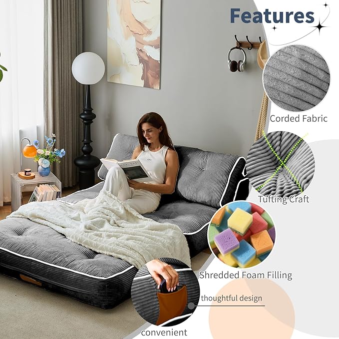 Fareforth Convertible Folding Sofa Bed, Sleeper Couch with Pillows Foldable Floor Chair with Back Support, Lounge Sofa for Living Room, Double, Grey