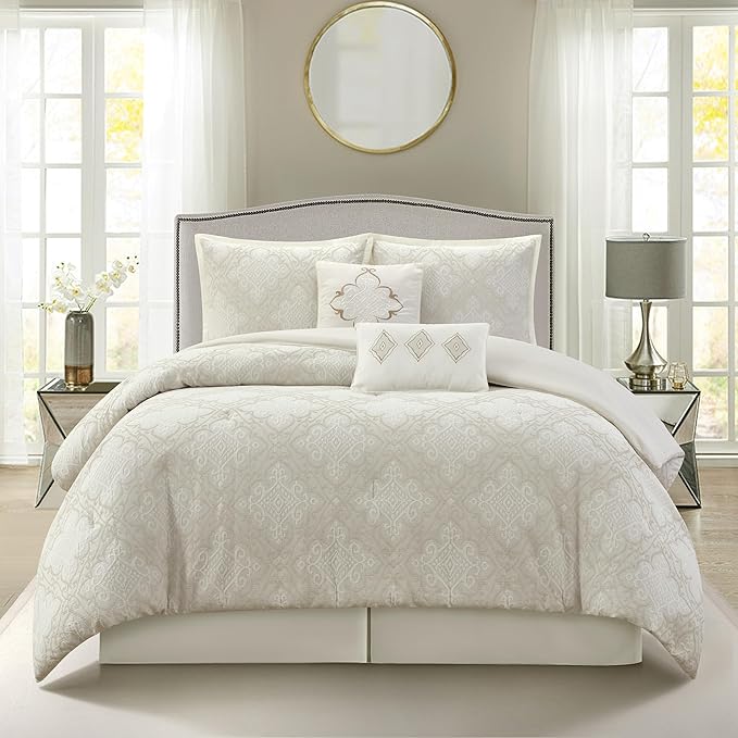 Grand Avenue 6 Piece Cotton White Comforter Set, California King Size Jacquard Bedding Set, All Season Geometric Bedding, Matching Pillows, Shams, Bed Skirt