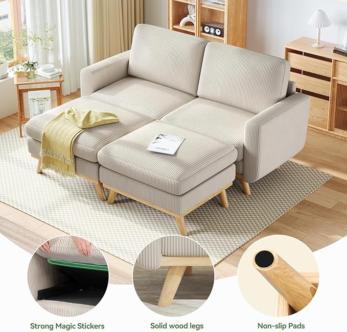Vesgantti 68" Loveseat Sofa with Movable Ottoman, Comfy Corduroy Couch with Spring Cushion, Sofa Couch with Solid Wood, Modern Office Sofa with Deep Seat for Living Room and Bedroom, Light Gray
