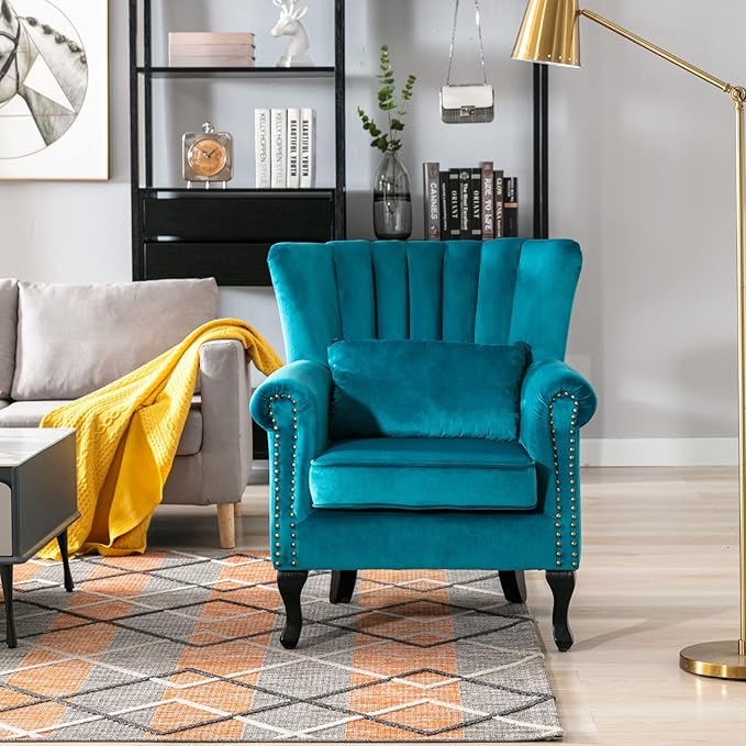 LZAREAL Accent Reading Arm Chairs Set of 2 Midcentury Modern Comfy Corner Sofa Chair, Wingback Waiting Room Club Chair with Tufted Back for Living Room/Bedroom/Reception Room, Velvet Teal