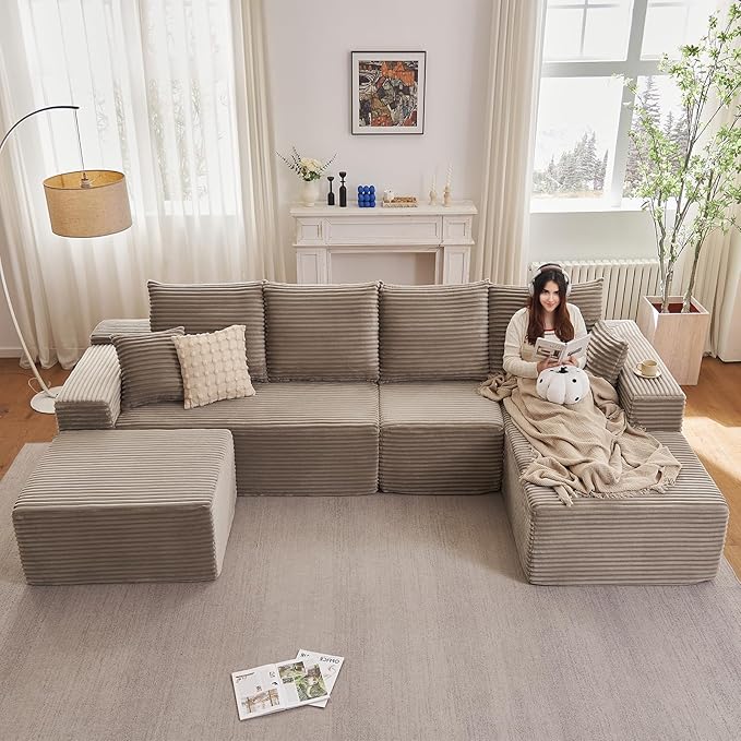 Lakifun 135" U-Shape Cloud Couch, Modern Modular Sectional Comfy L-Shape Sofa with Ottoman, Deep Seat, Upholstered Corduroy Sleeper Chaise Longue for Living Room Bedroom, No Assembly Required, Camel