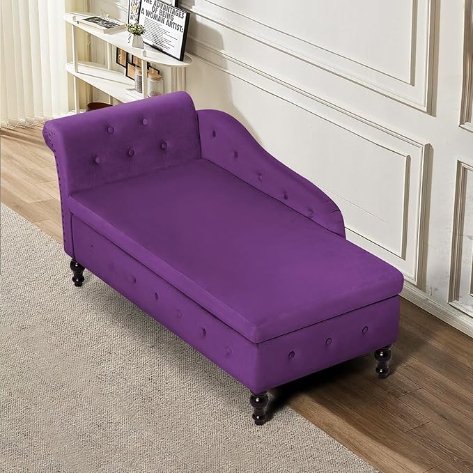 ACMEASE Velvet Chaise Lounge with Left Armrest & Storage Space,Button Tufted Lounge Chair w/Lumbar Pillow,Modern Upholstered Lounge Chair for Bedroom, Living Room and Office,Purpel
