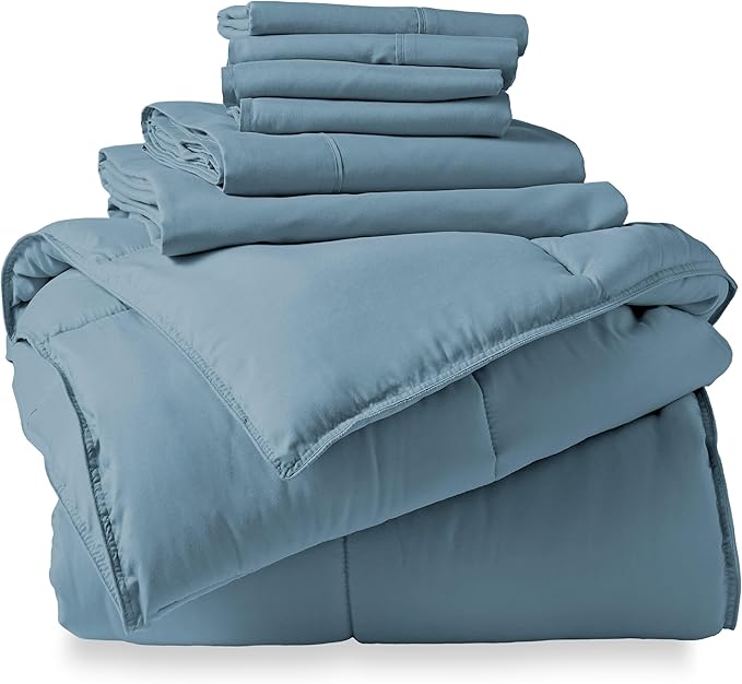 Bare Home Bed-in-A-Bag 7 Piece Comforter & Sheet Set - Full - Goose Down Alternative - Ultra-Soft 1800 Premium - Bedding Set (Full, Coronet Blue/Coronet Blue)