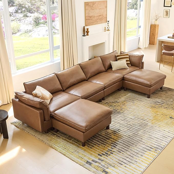 CHITA 127" Super Large Sectional Couches for Living Room, Modular Cloud Couch Sectional Sofa, Premium Genuine Leather Sofa, Down Filled, High Density Foam, Real Leather in Saddle, 5 Seat U Shaped